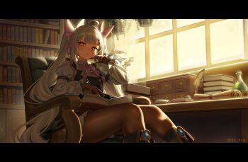 Rule 34 | 1girl, ahoge, black gloves, black pantyhose, book, bookshelf, bow, bowtie, chair, closed mouth, commentary request, commission, desk, finger to cheek, gloves, grey hair, hair ornament, highres, indoors, long hair, long sleeves, looking at viewer, on chair, open book, orange eyes, original, pantyhose, pink bow, pink bowtie, sara manta, shirt, sitting, skeb commission, solo, twintails, white shirt, window
