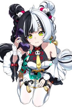 1girl absurdres ahoge armpits bare_shoulders black_hair braid braided_twintails china_dress chinese_clothes closed_mouth collarbone commentary_request corded_phone detached_sleeves dialyn_(zenless_zone_zero) dress earrings from_above hair_extensions hair_intakes hand_up highres holding holding_phone id_card jewelry long_hair looking_at_viewer multicolored_hair necktie ningmeng_zizi phone ring_hair_extensions seiza simple_background sitting solo sparkling_eyes split-color_hair thighhighs white_background white_hair white_thighhighs yellow_eyes yellow_necktie zenless_zone_zero