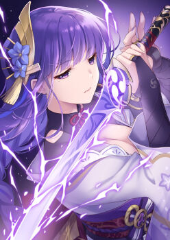 1girl arms_up blunt_bangs braid breasts bridal_gauntlets cleavage closed_mouth clothing_cutout commentary_request electricity fan_hair_ornament from_side genshin_impact glowing glowing_sword glowing_weapon hair_ornament holding holding_sword holding_weapon japanese_clothes katana kimono large_breasts long_braid long_hair looking_down looking_to_the_side mitsudomoe_(shape) mole mole_under_eye neck_ribbon pink_lips purple_background purple_eyes purple_hair purple_kimono purple_nails raiden_shogun red_ribbon red_sash ribbon saeki_hokuto sash shade shoulder_cutout solo sword tomoe_(symbol) upper_body weapon wide_sleeves