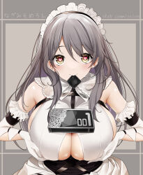 Rule 34 | 1girl, artist name, azur lane, breasts, breasts squeezed together, charybdis (azur lane), clothing cutout, commission, condom, condom box, condom in mouth, condom wrapper, earrings, elbow gloves, gloves, grey background, grey hair, heart, heart-shaped pupils, highres, jewelry, long hair, looking at viewer, maid, maid headdress, misato nagi, mouth hold, sideboob, skeb commission, solo, symbol-shaped pupils, underboob cutout, upper body, white gloves, yellow eyes