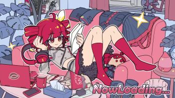 1girl animated arimoto_wataru couch drill_hair headphones kasane_teto loading_icon lying no_shoes red_hair red_socks socks tagme tissue_box twin_drills utau video