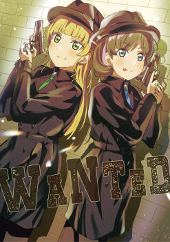 2girls :p absurdres aozora_aoi black_coat black_headwear blonde_hair blue_eyes blue_nails blue_necktie blunt_bangs brick_wall brown_hair closed_mouth coat commentary dutch_angle english_text fedora green_eyes green_nails green_necktie gun handgun hat heanna_sumire highres holding holding_gun holding_weapon long_hair love_live! love_live!_superstar!! multiple_girls nail_polish necktie pistol short_hair smile split_mouth tang_keke tongue tongue_out trench_coat trigger_discipline wanted_poster weapon wing_collar