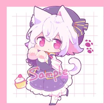 1girl :&lt; animal_ear_fluff animal_ears black_dress black_hat black_shoes blush border bow bow_legwear cat_ears cat_girl cat_tail chibi chibi_only closed_mouth commentary_request cupcake double-parted_bangs dress food frilled_dress frills full_body grid_background hands_up hat long_sleeves looking_at_viewer nekomo_(yumenkmc) outside_border paw_pose paw_print pink_border pink_eyes sample_watermark sayo_(voicevox) shoes short_hair socks solo standing standing_on_one_leg tail voicevox watermark white_background white_bow white_hair white_socks
