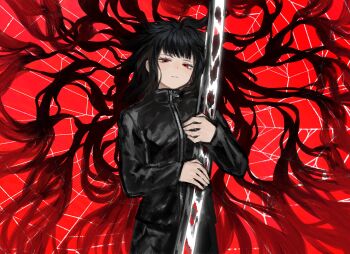 1girl absurdly_long_hair black_hair black_jacket hair_spread_out highres holding holding_sword holding_weapon jacket limbus_company long_hair looking_at_viewer official_alternate_costume parted_lips project_moon red_background red_eyes ryoshu_(project_moon) shan23852196 silk sleeves_past_wrists solo spider_web sword track_jacket very_long_hair weapon zipper