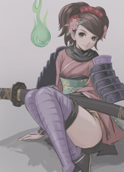1girl absurdres armor black_scarf brown_background brown_eyes brown_hair expressionless flower hair_flower hair_ornament highres izuna_jinkuro japanese_armor japanese_clothes katana kimono looking_at_viewer momohime muted_color oboro_muramasa purple_thighhighs red_kimono scarf sheath sheathed shoulder_armor simple_background sitting sode solo sword thighhighs tyanoki weapon will-o'-the-wisp_(mythology)