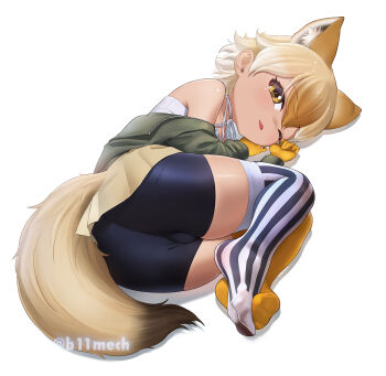 1girl animal_ears bare_shoulders beleven blonde_hair camisole coyote_(kemono_friends) extra_ears full_body gloves highres jacket kemono_friends kemono_friends_v_project loli looking_at_viewer one_eye_closed short_hair shorts simple_background skirt solo tail thighhighs virtual_youtuber wolf_ears wolf_girl wolf_tail yellow_eyes