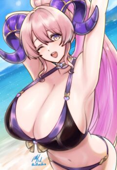 1girl beach bikini black_bikini breasts cleavage commentary english_commentary fire_emblem fire_emblem_heroes foreshortening goat_horns highres horns huge_breasts long_hair looking_at_viewer navel nerthuz_(fire_emblem) nerthuz_(summer)_(fire_emblem) nintendo ocean official_alternate_costume one_eye_closed open_mouth pink_hair ponytail purple_trim rotomdocs smile solo swimsuit very_long_hair