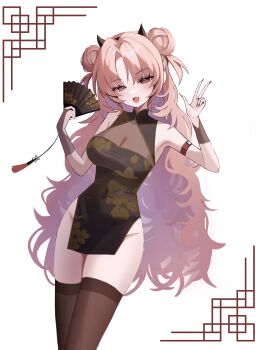 1girl absurdres arm_strap bare_shoulders beom_(artist) black_dress black_thighhighs blue_archive blush breasts china_dress chinese_clothes commentary_request demon_horns double_bun dress fake_horns fang fluffy_hair folding_fan groin hair_bun hairband hand_fan highres holding holding_fan horn_hairband horns kirara_(blue_archive) large_breasts long_hair looking_at_viewer no_halo open_mouth pelvic_curtain pink_eyes pink_hair see-through_cleavage see-through_clothes smile solo thighhighs thighs v very_long_hair