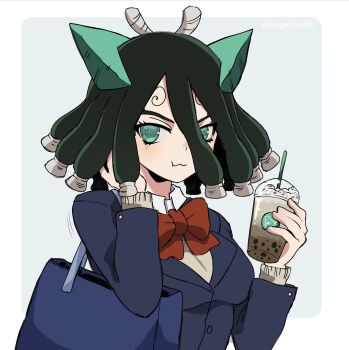 Rule 34 | 1girl, bag, bow, bowtie, breasts, bubble tea, cup, disposable cup, dr. stone, dreadlocks, drinking straw, eleganttwife, green eyes, green hair, highres, holding, horns, jacket, kirisame (dr. stone), looking at viewer, red bow, red bowtie, school bag, school uniform, simple background, snake hair, solo, twitter username, upper body