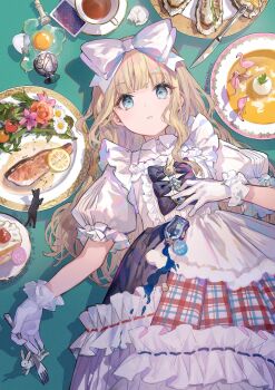1girl bird black_cat blonde_hair blue_eyes bottle bow bowtie brooch cake cake_slice card cat chess_piece cork cup daisy_(flower) dress egg_yolk eggshell english_text fish_steak flamingo flower flower_brooch food fork frilled_dress frilled_gloves frills fruit fuzichoco gloves hair_bow hand_on_own_chest highres holding holding_fork jewelry knife lemon lemon_slice long_hair looking_at_viewer lying original oyster plate playing_card puffy_short_sleeves puffy_sleeves rabbit short_sleeves solo strawberry_shortcake tea teacup tomato twitter_username white_cat
