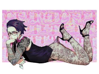 0x_lily 1boy arm_tattoo black-framed_eyewear black_hair black_nails black_panties black_pantyhose black_shirt black_shoes collared_shirt corbeau_(pokemon) crossdressing crossdressing_(mtf) floral_print_pantyhose frown full_body glasses hand_on_own_chin head_on_hand head_rest high_heels highres holding_necktie hooked_on_heel lace_pantyhose lace_pantyhose_hooked_on_heel_(meme) looking_at_viewer lying male_focus meme nail_polish necktie nintendo no_pants on_stomach open-toe_shoes panties pantyhose pantyhose_tug pokemon pokemon_legends:_z-a round_eyewear see-through_pantyhose shirt shoes short_hair sleeveless sleeveless_shirt solo tattoo tattoo_sleeve the_pose toenail_polish toenails undercut underwear white_necktie yellow_eyes