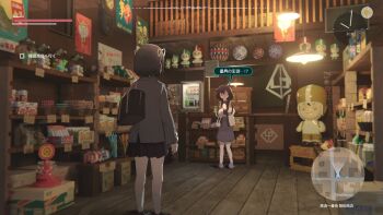 ! 2girls aqua_eyes bag black_hair clock employee_uniform fake_screenshot gameplay_mechanics glasses hair_ribbon heads-up_display highres indoors lost_property_control_organization_(samidare) minimap multiple_girls onda_yukari_(samidare) protagonist_(lost_property_control_organization) purple_eyes revision ribbon samidare_(hoshi) school_bag school_uniform shelf shop store_clerk sun translation_request user_interface white_ribbon