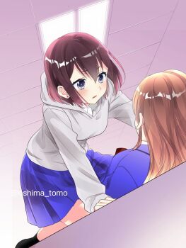 2girls artist_name blue_shirt blue_skirt blush brown_hair ceiling ceiling_light commentary_request double-parted_bangs earrings girl_on_top grey_eyes grey_hoodie hakozaki_shiine highres hood hoodie houkago_(doujin) indoors jewelry kamisato_ichika long_hair long_sleeves looking_at_another multiple_girls on_floor ooshima_tomo parted_lips pleated_skirt shirt short_hair skirt stud_earrings yuri