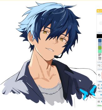 1boy a_ohkami blue_hair bug butterfly clenched_teeth collared_shirt commentary_request cropped_shoulders ensemble_stars! hair_between_eyes headset insect jewelry looking_at_viewer male_focus necklace sazanami_jun shirt short_hair simple_background smile solo teeth white_background yellow_eyes