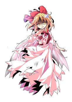 1girl alphes_(style) black_vest blonde_hair bow bowtie commentary_request dairi defeat feathered_wings feathers full_body gengetsu_(touhou) hair_bow hand_up large_variant_set long_skirt long_sleeves open_clothes open_vest parody puffy_long_sleeves puffy_sleeves red_bow red_bowtie shaded_face shirt short_hair skirt skirt_set solo style_parody tachi-e torn_clothes touhou touhou_(pc-98) transparent_background variant_set vest white_shirt white_skirt white_wings wings