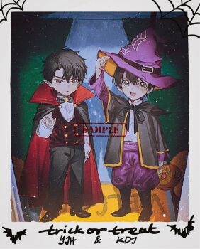2boys baggy_pants bat_(animal) black_cape black_eyes black_hair boots bow bowtie bucket cape character_name chibi chibi_only child commentary curtained_hair film_grain full_body hair_between_eyes hat hat_tip highres holding holding_bucket kim_dokja looking_at_viewer male_focus multiple_boys neck_ribbon omniscient_reader&#039;s_viewpoint outstretched_hand pants photo_(object) pov red_vest ribbon shirt short_hair silk spider_web standing symbol-only_commentary toupou39 vampire_costume vest welcome_mat white_shirt witch witch_hat yoo_joonghyuk