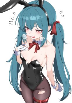 1girl absurdres animal_ears aqua_hair armpit_crease bare_shoulders belt bianca_(black_survival) black_hairband black_leotard black_survival breasts brown_pantyhose commentary_request covered_navel cowboy_shot cross-shaped_pupils detached_collar eternal_return:_black_survival fake_animal_ears gloves hair_ribbon hairband hand_up highleg highleg_leotard highres korean_commentary leotard long_hair looking_down neck_ribbon oldsickkim open_mouth pantyhose playboy_bunny rabbit_ears red_eyes ribbon small_breasts solo strapless strapless_leotard sweatdrop symbol-shaped_pupils thigh_belt thigh_strap torn_clothes torn_pantyhose twintails very_long_hair wavy_mouth white_gloves wrist_cuffs