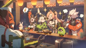 2boys 3girls absurdres amillion_(zenless_zone_zero) anby_demara animal_ear_fluff animal_ears arm_up bagboo_(zenless_zone_zero) billy_kid black_hair bowl breasts cat_ears cat_girl chopsticks cleavage colored_skin earrings facial_hair food general_chop_(zenless_zone_zero) green_eyes hair_ornament hair_ribbon hairclip heart heart_earrings highres holding holding_chopsticks humanoid_robot jacket jewelry large_breasts long_hair long_mustache long_sleeves mole mole_on_breast multiple_boys multiple_girls multiple_tails mustache nekomiya_mana nicole_demara noodles open_mouth parack pink_hair pointing pointing_up ramen red_jacket ribbon robot short_hair tail two_tails white_hair zenless_zone_zero