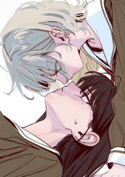 Rule 34 | 12thfog, 2girls, bang dream!, bang dream! it's mygo!!!!!, blue eyes, brown dress, brown hair, closed mouth, dress, hanasakigawa school uniform, highres, kaname raana, long hair, medium hair, mole, mole under eye, multiple girls, purple eyes, sailor collar, sailor dress, school uniform, shiina taki, simple background, sweat, white background, white hair, white sailor collar, yuri