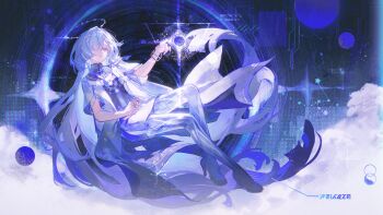 1girl absurdres breasts dress earrings full_body grey_hair hair_ornament hair_over_one_eye halo high_heels highres id_card jacket jewelry long_hair looking_ahead mornye_(wuthering_waves) niukou_kouzi purple_dress red_eyes see-through_body small_breasts solo triangle_earrings white_jacket wuthering_waves