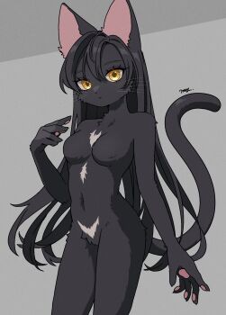 1girl absurdres animal_hands animal_nose artist_name black_fur black_hair black_skin black_tail body_fur breasts cat_girl cat_paws cat_tail colored_skin commentary_request completely_nude cowboy_shot curtained_hair expressionless eyelashes furry furry_female grey_background hair_between_eyes hand_up highres long_hair looking_at_viewer medium_breasts meg_(115meg) navel no_nipples nude original parted_lips pawpads simple_background solo standing stomach straight_hair tail tail_raised two-tone_fur very_long_hair whiskers white_fur yellow_eyes