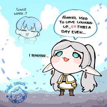 1boy 1girl 67_(meme) blue_eyes blue_hair blue_sky blush capelet chibi closed_eyes cloud earrings elf english_text floating_earrings frieren green_eyes grey_hair head_back highres himmel_(sousou_no_frieren) jewelry long_hair long_pointy_ears long_sleeves looking_up meme open_mouth pantyhose parted_bangs petals pointy_ears shibedraws shirt short_hair skirt sky smile sousou_no_frieren teardrop_earrings twintails upward_angle_frieren_drawing_(meme) white_capelet white_hair white_shirt white_skirt