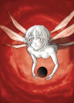 1990s_(style) angel_(evangelion) ayanami_rei crazy_eyes creepy the_end_of_evangelion lcl lilith_(ayanami_rei) neon_genesis_evangelion nude pale_skin red_eyes retro_artstyle sakai_hamachi solo spoilers wings