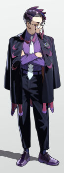 1boy 987645321o black-framed_eyewear black_hair black_jacket black_pants closed_mouth collared_shirt commentary_request corbeau_(pokemon) full_body glasses highres jacket jacket_on_shoulders male_focus necktie nintendo pants pokemon pokemon_legends:_z-a purple_shirt round_eyewear shirt shoes short_hair socks solo standing white_necktie yellow_eyes