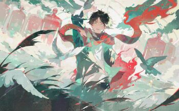 1boy bird black_jacket brown_hair child commentary_request eren_yeager green_eyes hand_up highres jacket male_focus open_mouth outdoors parted_lips red_scarf scarf shingeki_no_kyojin shirt short_hair smile titan_(shingeki_no_kyojin) wheat white_shirt xiyaa291325