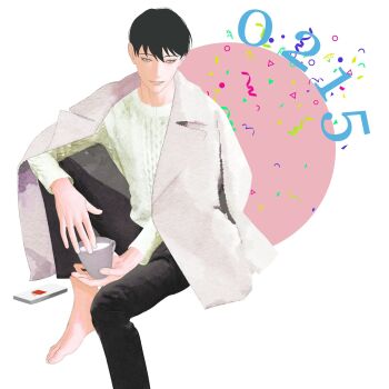 1boy black_eyes black_hair coat coat_on_shoulders confetti cup elbow_on_knee full_body highres holding holding_cup invisible_chair kim_dokja knee_up looking_at_viewer male_focus omniscient_reader's_viewpoint phone short_hair sitting smile solo sweater tix_0314 white_coat white_sweater