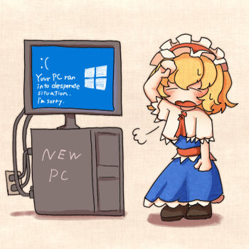 3nennkaki8nenn absurdres alice_margatroid blonde_hair blue_dress blue_screen_of_death cable capelet chibi chibi_only closed_eyes commentary computer dress frilled_hairband frills full_body hairband highres microsoft_windows monitor open_mouth red_hairband standing touhou white_capelet