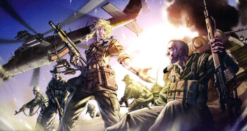 1girl 5boys afghanistan aged_down aircraft ak-74 aks-74 aks-74u assault_rifle attack_helicopter balalaika_(black_lagoon) black_lagoon blonde_hair cyrillic dragunov_svd gun helicopter highres hiroe_rei kalashnikov_rifle knife load_bearing_vest mi-24 military_vehicle multiple_boys muzzle_device rifle rocket_launcher rocket_pod russian_text scope shirt smile sniper_rifle soldier soviet striped_clothes striped_shirt telnyashka thumbhole_stock ub-32_(rocket_pod) vdv weapon