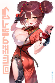 1girl :d absurdres ass blush brown_hair brown_skirt china_dress chinese_clothes cleavage_cutout clothing_cutout commentary double-parted_bangs double_bun dress english_commentary fang flower framed_breasts from_behind gold_necklace hair_between_eyes hair_bun hair_flower hair_ornament hands_up highres holding holding_phone hololive jewelry looking_at_viewer looking_back maro2ki3 mechanical_hands mechanical_legs microskirt necklace official_alternate_costume official_alternate_hairstyle open_mouth phone pleated_dress pleated_skirt red_dress roboco-san roboco-san_(oriental-style_battle) short_hair short_sleeves side_slit simple_background skin_fang skirt skirt_under_dress smile solo v virtual_youtuber white_background yellow_eyes