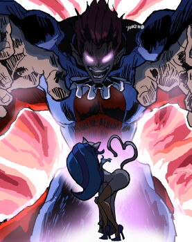 Rule 34 | 1boy, 1girl, animal ears, animal hands, ascot, bent over, big hair, blue hair, breasts, cape, cat ears, cat girl, cat tail, darkstalkers, demitri maximoff, dress, fangs, felicia (darkstalkers), giant, glowing, glowing eyes, heart, heart tail, high heels, highres, long dress, long hair, midnight bliss, red hair, size difference, smile, tail, teeth, vampire, white dress, yukinoshin f