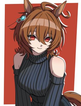 Rule 34 | 1girl, absurdres, agnes tachyon (umamusume), ahoge, animal ears, bare shoulders, black skirt, black sweater, breasts, brown hair, closed mouth, commentary, earrings, english commentary, ghuler, hair between eyes, highres, horse ears, horse girl, horse tail, jewelry, long sleeves, looking at viewer, medium breasts, medium hair, red background, red eyes, ribbed sweater, single earring, skirt, smile, solo, sweater, tail, umamusume