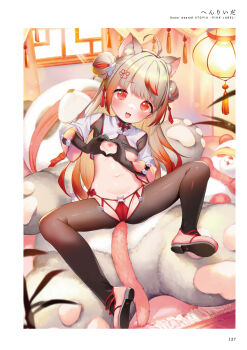 1girl :3 ahoge animal_ear_fluff animal_ears architecture breasts cameltoe double_bun east_asian_architecture full_body gradient_hair grey_hair hair_bun hair_ornament heart heart_hands henreader highres indoors lantern large_teddy_bear loli long_hair looking_at_viewer multicolored_hair navel nipples open_mouth original panties paper_lantern red_eyes red_hair red_panties shrug_(clothing) small_breasts smile solo spread_legs stuffed_animal stuffed_panda stuffed_toy tail tassel tassel_hair_ornament teddy_bear two-tone_hair underwear window