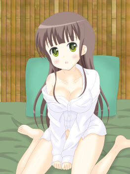 1girl barefoot blush borrowed_clothes breasts brown_hair gochuumon_wa_usagi_desu_ka? green_eyes highres long_hair looking_at_viewer meitorenn naked_shirt shirt sitting ujimatsu_chiya wariza white_shirt