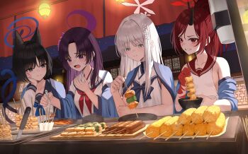 absurdres animal_ears black_eyes black_hair blue_archive blue_halo blue_haori blue_neckerchief blue_sailor_collar blush cat_ears cat_girl cat_tail closed_mouth food_in_mouth gradient_tail grin hair_ornament halo hand_on_own_face haori highres holding holding_skewer horns hyakkaryouran_(blue_archive) japanese_clothes kikyou_(blue_archive) kurone_(kurone_ryuo) long_hair multiple_tails nagusa_(blue_archive) neckerchief parted_bangs ponytail purple_eyes purple_hair purple_halo red_eyes red_hair red_halo red_neckerchief red_sailor_collar renge_(blue_archive) sailor_collar school_uniform serafuku shirt short_hair single_horn skewer sleeveless sleeveless_shirt smile snowflake_hair_ornament sweat tail two_tails white_eyes white_hair white_halo yakiniku yukari_(blue_archive)