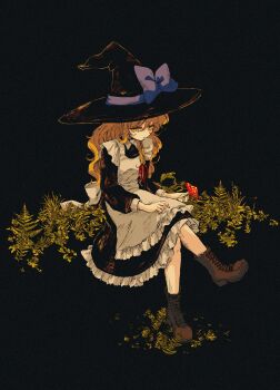 1girl apron back_bow black_background black_dress black_hat blonde_hair blue_bow bow braid brown_footwear closed_mouth cross-laced_footwear dress film_grain fly_agaric full_body hat hat_bow highres holding holding_mushroom kirisame_marisa long_hair long_sleeves looking_at_viewer maid_apron mushroom petticoat red_ribbon ribbon single_braid solo touhou white_apron witch_hat yellow_eyes yurigaoka_nayuki