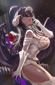 1boy 1girl absurdres adam_ryu_ford ahoge ainz_ooal_gown albedo_(overlord) black_hair black_robe blush breasts cleavage commentary_request demon_girl demon_horns dress gloves gold_necklace highres horns jewelry large_breasts long_hair necklace overlord_(maruyama) revision ring robe sitting white_gloves