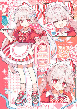 2girls :d :o absurdres apron blunt_bangs blush bow bowtie bright_pupils candy closed_eyes collarbone collared_dress commentary cup dot_nose dress drink drinking_glass facing_viewer food frilled_apron frilled_dress frills fujiwara_no_mokou full_body grid_background hair_bow hand_up highres holding holding_candy holding_food holding_lollipop holding_menu holding_tray lollipop long_hair looking_at_viewer menu multiple_girls multiple_hair_bows multiple_views open_mouth pink_socks polka_dot polka_dot_bow puffy_short_sleeves puffy_sleeves qr_code red_bow red_bowtie red_dress roller_skates shirocha_tei shoes short_sleeves skates smile socks standing striped_clothes striped_dress symbol-only_commentary touhou tray twitter_username waist_apron watermark white_apron white_bow white_hair white_pupils white_shoes