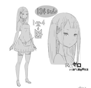 absurdres breasts character_name closed_mouth collared_dress commentary_request dress expressionless full_body greyscale hair_ornament hairclip high_heels highres long_hair long_sleeves looking_at_viewer medium_breasts monochrome multiple_views official_art ootsuka_shin'ichirou open_hands re:zero_kara_hajimeru_isekai_seikatsu short_dress simple_background sketch standing sylphy_(re:zero) tachi-e thighhighs