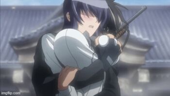 1boy 1girl animated animated_gif anime_screenshot blush breasts breasts_squeezed busujima_saeko gun highschool_of_the_dead komuro_takashi open_mouth outdoors purple_hair school_uniform weapon