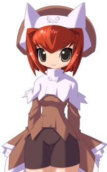 Rule 34 | 1girl, 2000s (style), bike shorts, breasts, brown eyes, brown shirt, capelet, closed mouth, cowboy shot, game cg, hair between eyes, hair intakes, hat, kenki fujioka, long sleeves, looking at viewer, lowres, majo no ochakai, medium breasts, nee (majo no ochakai), non-web source, official art, orange hair, shirt, sidelocks, simple background, smile, solo, standing, tachi-e, transparent background, white capelet, wide sleeves, witch