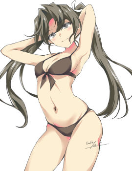 1girl armpits arms_behind_head artist_name bikini black_bikini breasts cowboy_shot dated front-tie_bikini_top front-tie_top gakky grey_eyes grey_hair highres kantai_collection long_hair looking_at_viewer navel one-hour_drawing_challenge simple_background small_breasts solo swimsuit twintails white_background zuikaku_(kancolle) zuikaku_(swimsuit)_(kancolle)