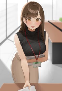 1girl armpit_crease bare_shoulders black_sweater blurry blurry_background blush breasts brown_eyes brown_hair commentary_request earrings gradient_eyes highres holding holding_paper id_card indoors jewelry large_breasts long_hair looking_at_viewer multicolored_eyes office office_lady ol-chan_(ol_mahonanoka) ol_mahonanoka open_mouth original paper paper_stack parted_bangs ribbed_sweater sleeveless sleeveless_sweater sleeveless_turtleneck solo sweater swept_bangs turtleneck turtleneck_sweater wooden_desk yellow_eyes