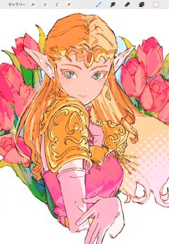 1girl art_program_in_frame asa8720 blonde_hair breasts closed_mouth dress elbow_gloves flower gem gloves highres long_hair looking_at_viewer nintendo pink_dress pointy_ears princess_zelda red_flower red_gemstone smile solo the_legend_of_zelda upper_body white_background white_gloves