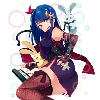 Rule 34 | 1girl, blue hair, breasts, commentary request, crescent, crescent hair ornament, elbow gloves, fishnet gloves, fishnet thighhighs, fishnets, gloves, hair ornament, hairclip, large breasts, long hair, luna softeti, lying, ninja, on side, open mouth, purple eyes, rabbit, rabbit hair ornament, scroll, siva (executor), thighhighs, uchi no hime-sama ga ichiban kawaii