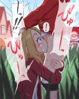 ! 1boy 1girl black_pants blazer blonde_hair blue_eyes blush bubukka cum cum_in_mouth day deepthroat ejaculation fellatio grass hands_on_another&#039;s_head heart hetero hug hug_and_suck hugging_another&#039;s_leg irrumatio jacket lass_(pokemon) lass_(pokemon_swsh) loli long_sleeves motion_lines nintendo oral outdoors panties pants panty_pull pokemon pokemon_swsh red_sweater school_uniform short_hair solo_focus speech_bubble spoken_exclamation_mark spoken_heart sweat sweater underwear waist_hug white_panties youngster_(pokemon)