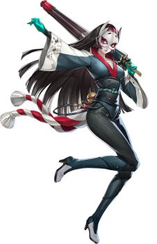 Rule 34 | 1girl, artist request, bell, black hair, brown eyes, highres, holding, holding umbrella, kouhaku nawa, mask, official art, oil-paper umbrella, persona, persona 5, persona 5: the phantom x, rope, sash, shimenawa, solo, tanemura riko, third-party source, transparent background, umbrella, wind (p5x)